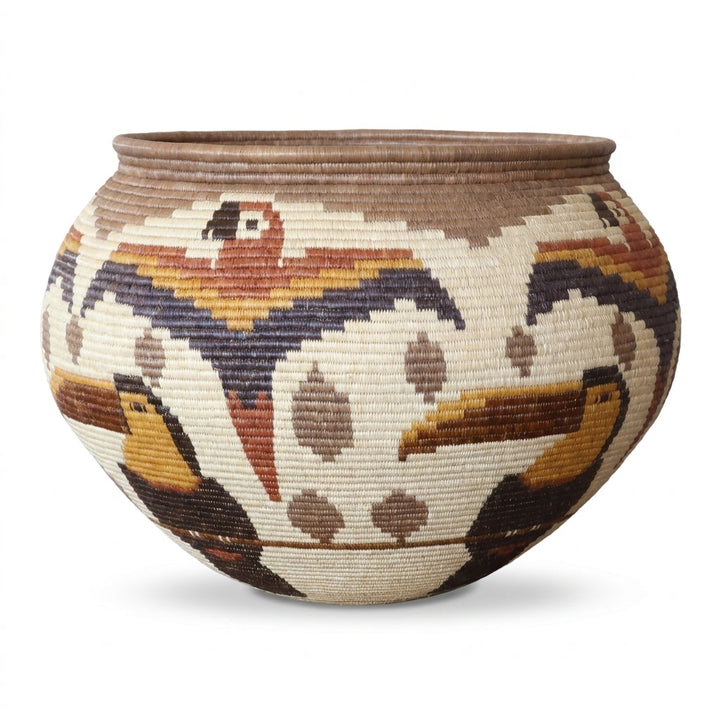 Toucans & Macaws Woven Basket, one of one vintage basket handwoven by Wounaan weavers in Panama