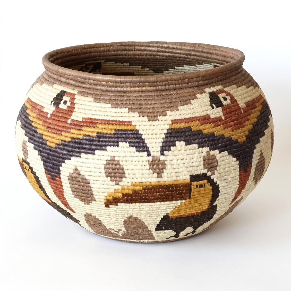 Toucans & Macaws Woven Basket, one of one vintage basket handwoven by Wounaan weavers in Panama, additional view
