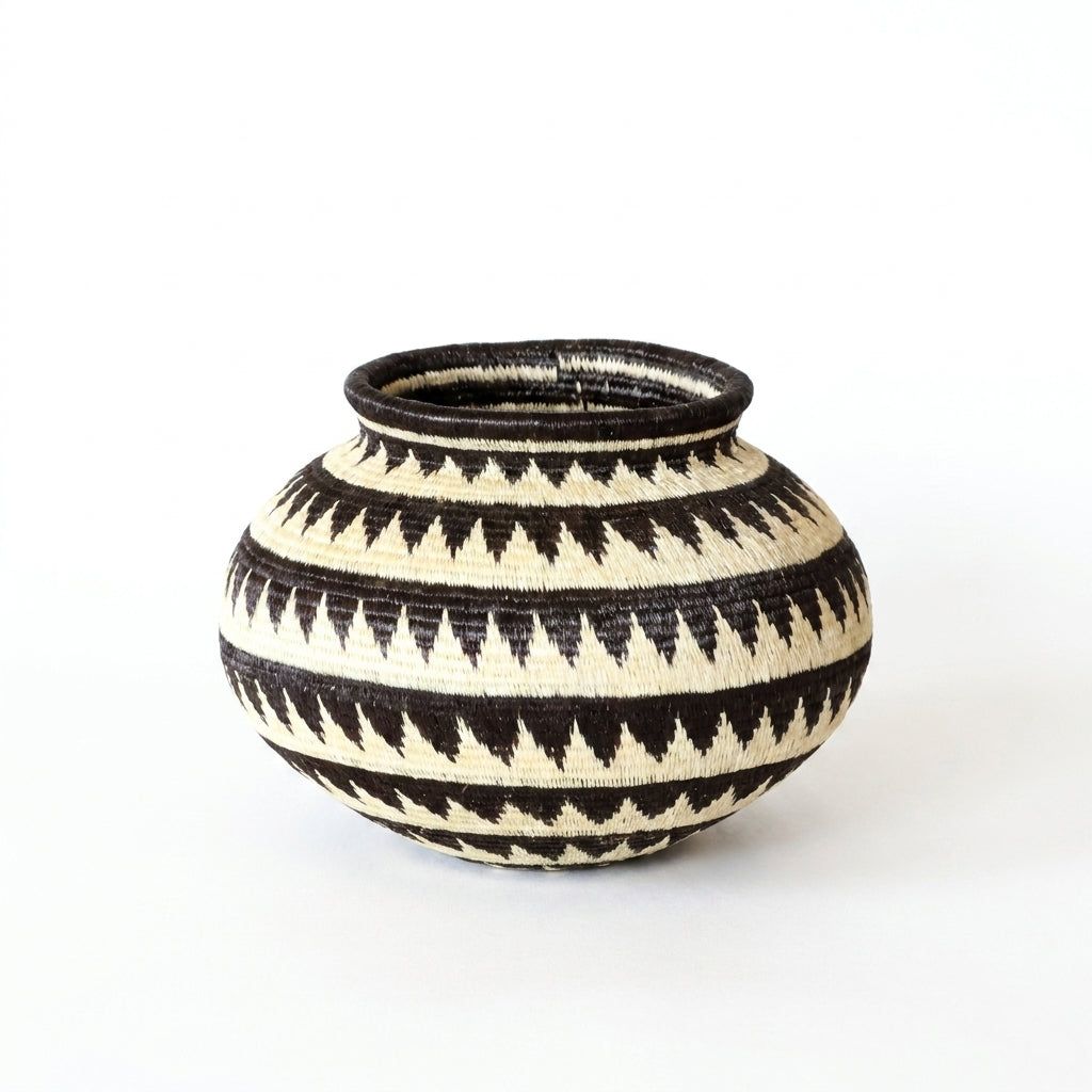 Black and white triangle-band Wounaan basket, close view of serrated geometric pattern in woven palm fiber