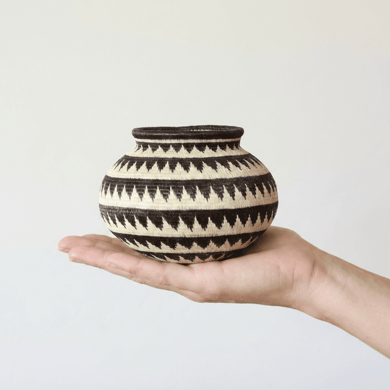 Black and cream handwoven Wounaan basket held in hand showing miniature scale, about five inches wide