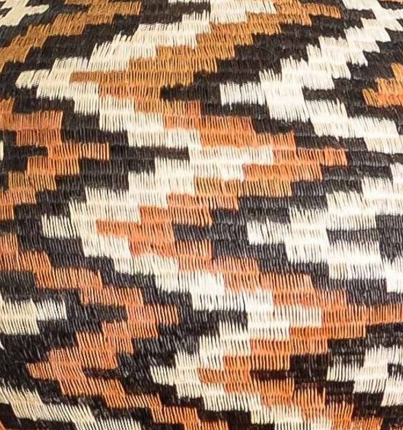 Close-up werregue palm fiber weaving detail showing traditional Wounaan coil technique and plant dye colors