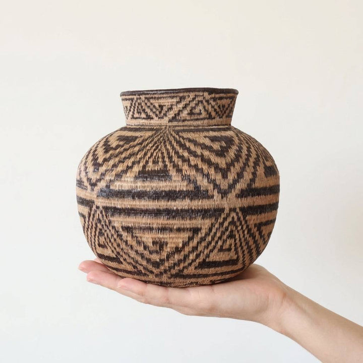 decorative Wounaan basket with Triad Path geometric pattern handwoven from werregue palm by Panama artisans