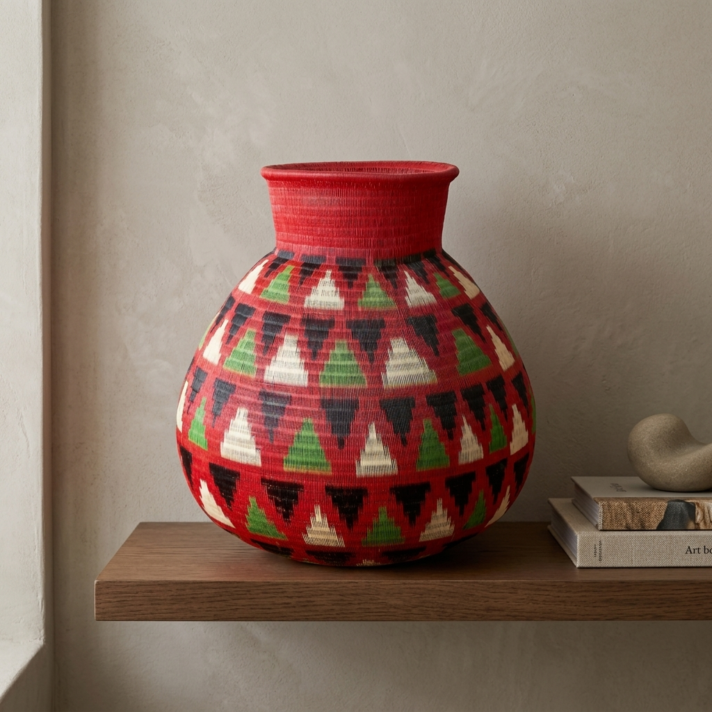 Crimson Echo Decorative Woven Basket - Handmade Art