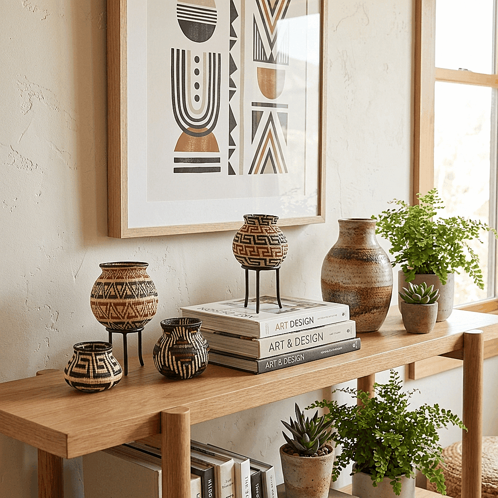 Decorative mini basket with floral motif displayed on modern shelf with books and plants