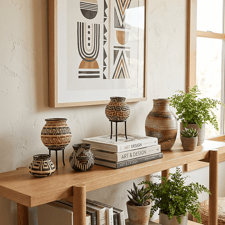Decorative mini basket with floral motif displayed on modern shelf with books and plants