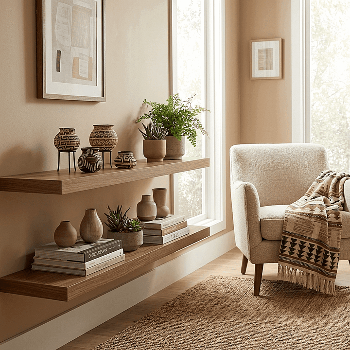 Decorative mini basket with floral motif displayed on modern shelf with books and plants