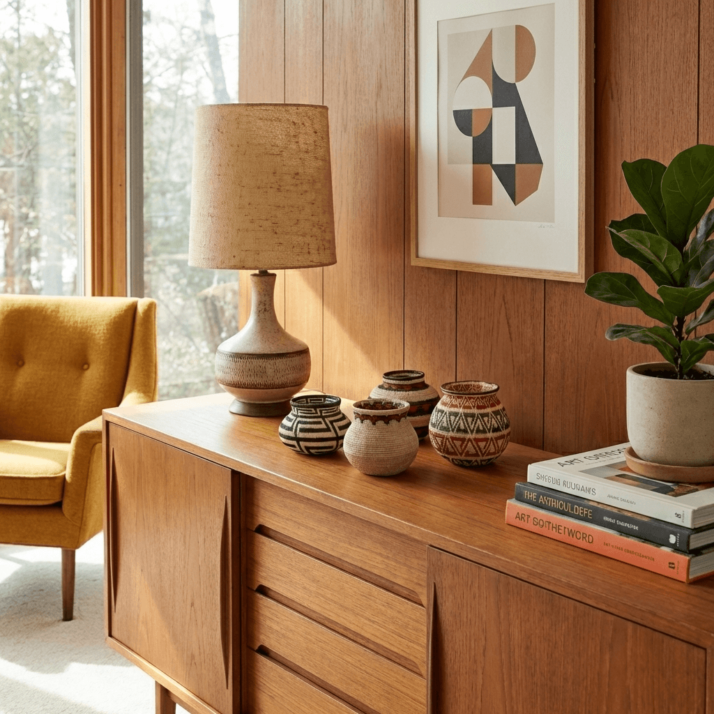 Crimson Triad mini woven basket displayed on modern desk with books and plants in modern contemporary interior