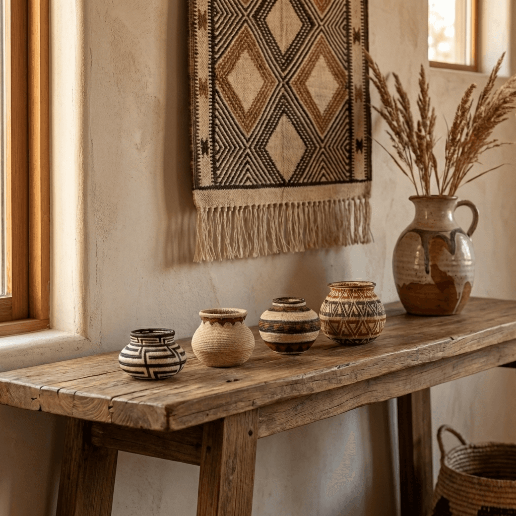 Crimson Triad mini woven basket displayed on modern desk with books and plants in modern tribal interior