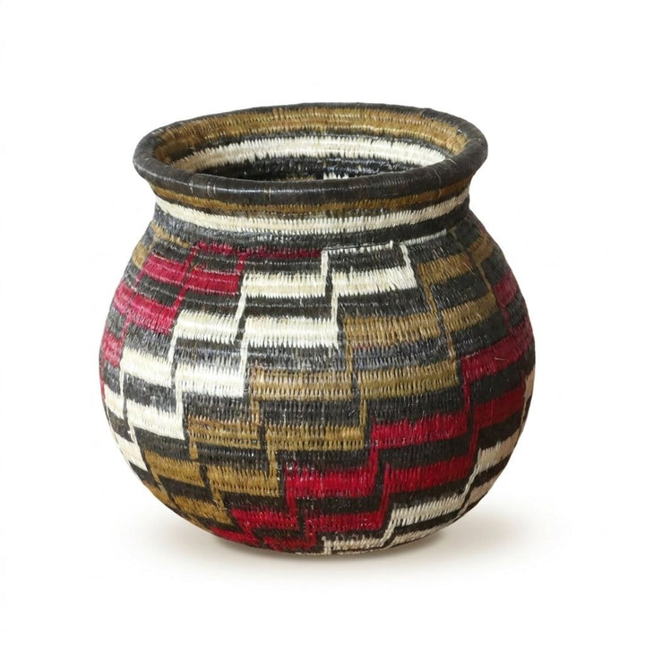 Handwoven Wounaan basket with stepped zigzag pattern in crimson, olive brown, black and ivory, from Panama