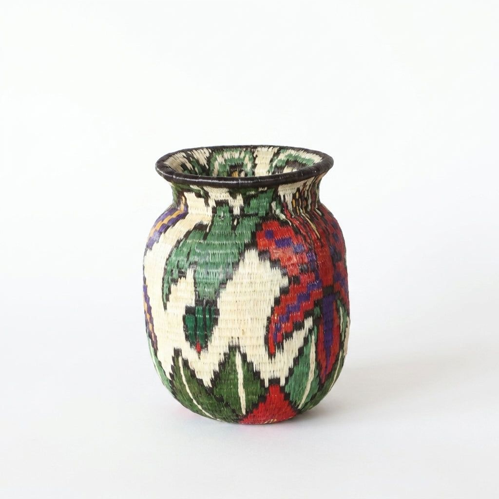 Colorful floral handwoven Wounaan basket with green leaves, red and purple accents on cream palm fiber