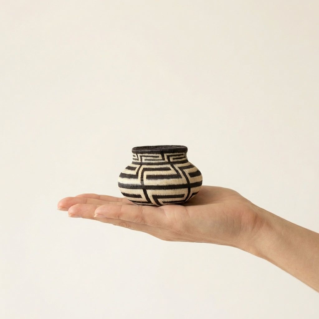 Small Cultural Steps black mini basket handwoven palm fiber geometric pattern indigenous artisan