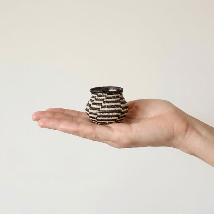 Tiny black and white stepped swirl handwoven Wounaan basket, front view