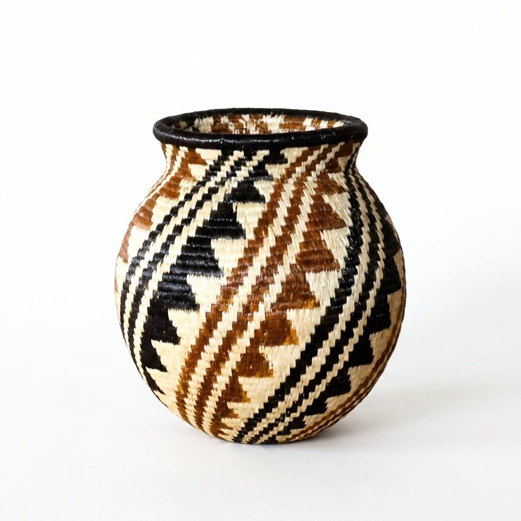 Mini Wounaan basket close view showing spiraling serrated triangles in black, cinnamon rust and cream palm fiber