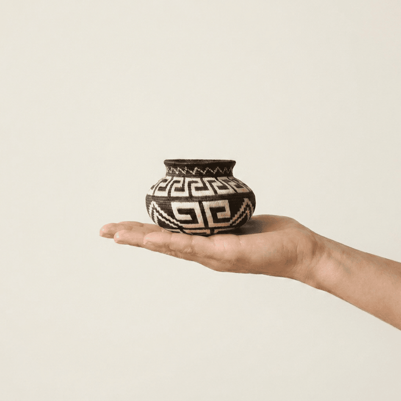 Miniature labyrinth-pattern Wounaan handwoven basket held in hand showing miniature scale, black and ivory