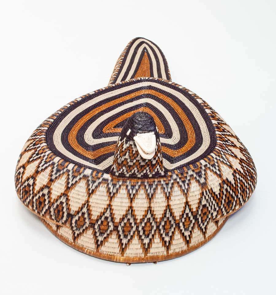 Handwoven serpent-billed duck spirit ceremonial mask by Embera artisans from Panama Darién rainforest