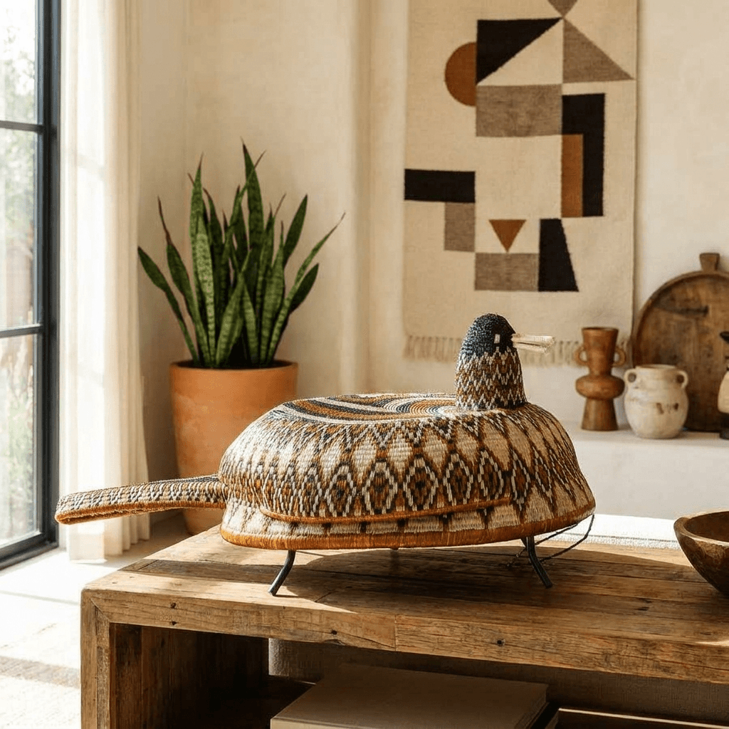 Handwoven serpent-billed duck spirit ceremonial mask displayed in modern tribal interior