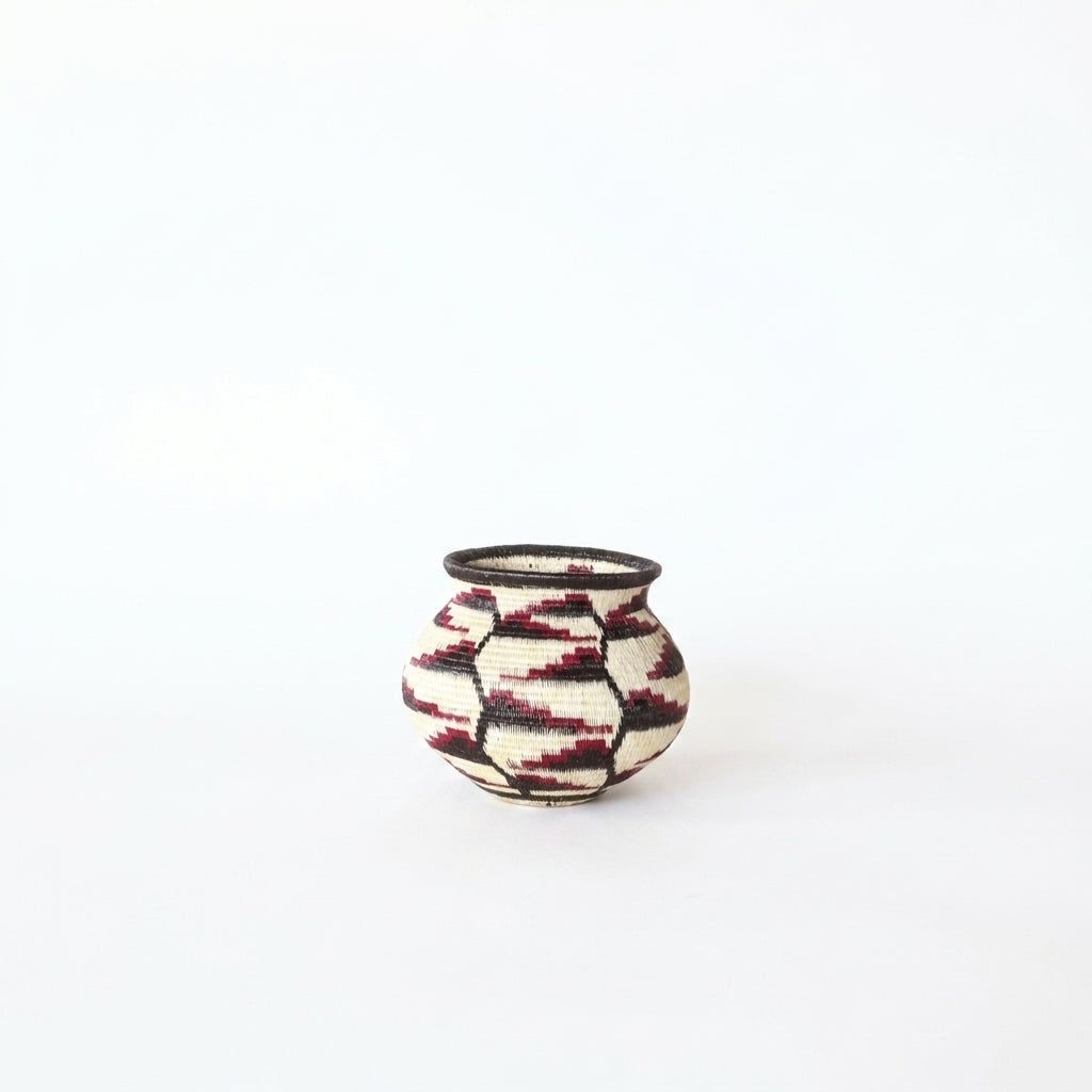 Tiny handwoven Wounaan basket with crimson heliconia blooms on a dark vine lattice over cream, Darién Panama