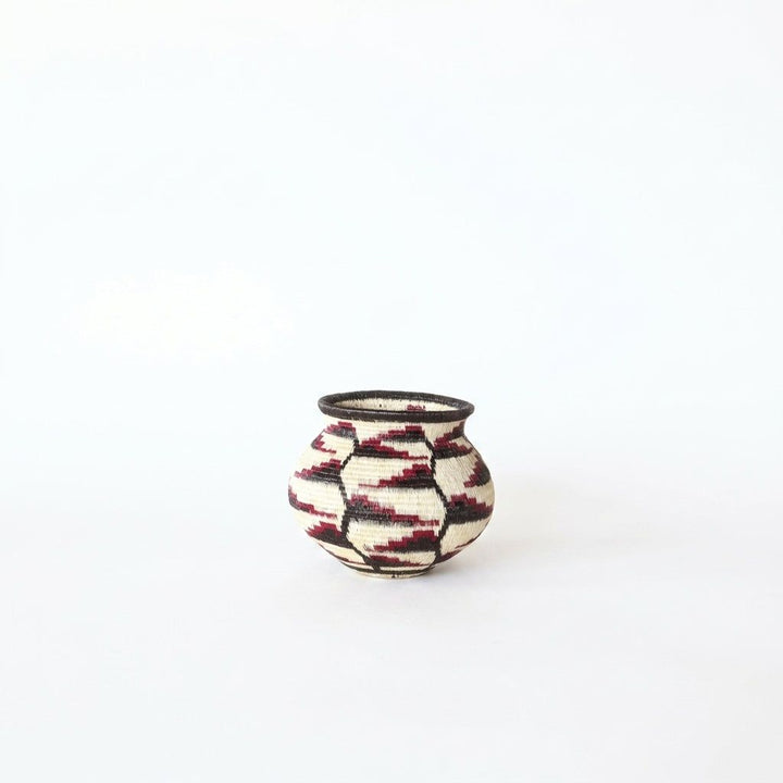 Tiny handwoven Wounaan basket with crimson heliconia blooms on a dark vine lattice over cream, Darién Panama