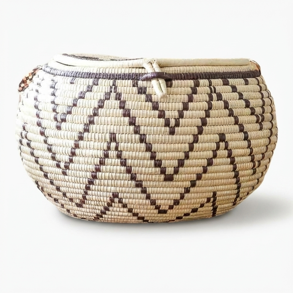 Wide woven basket with a brown chevron zigzag band and a small fiber tie, on white