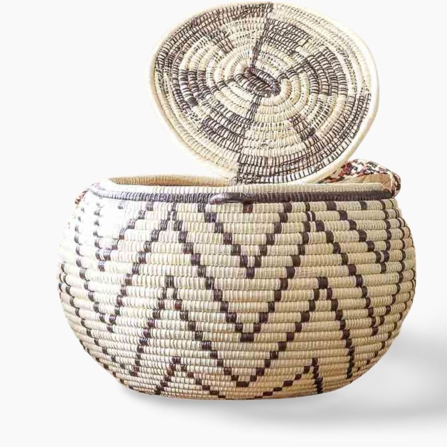 Side view of decorative woven basket showing depth and traditional palm fiber craftsmanship from Panama