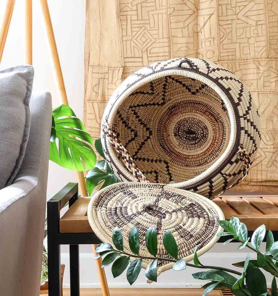 Echoes of the Ancestors ceremonial basket displayed as boho accent decor in modern living room interior