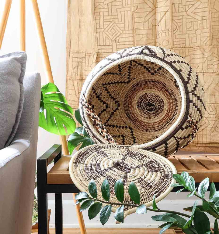 Echoes of the Ancestors ceremonial basket displayed as boho accent decor in modern living room interior