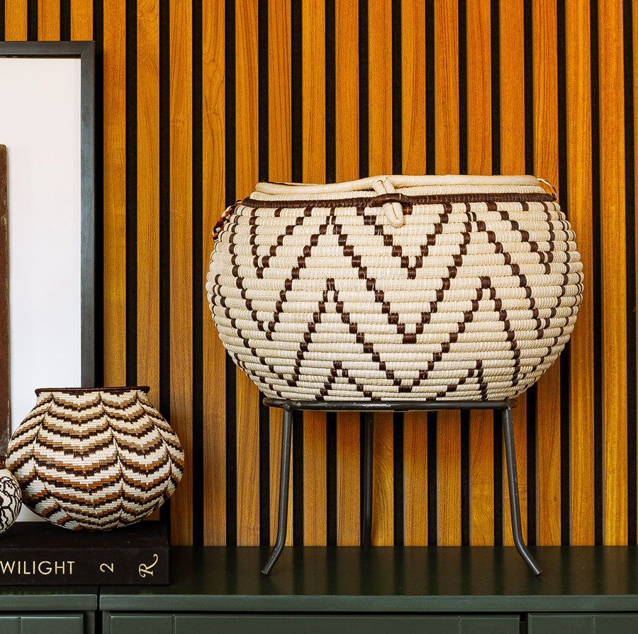 Large ceremonial werregue palm basket with ancestral motifs by Wounaan artisans from Panama Darién rainforest