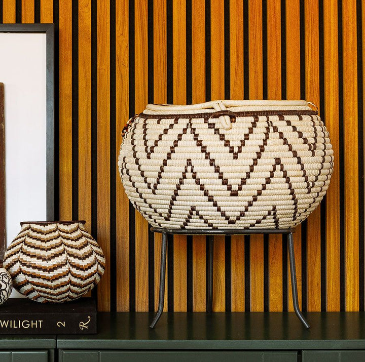 Large ceremonial werregue palm basket with ancestral motifs by Wounaan artisans from Panama Darién rainforest