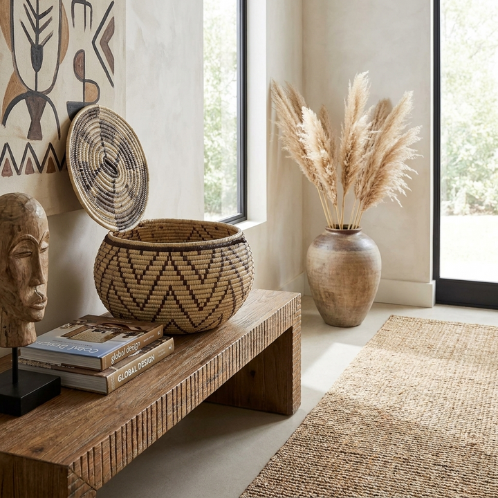 Chevron-patterned woven basket styled on a wood bench with a carved mask and pampas grass