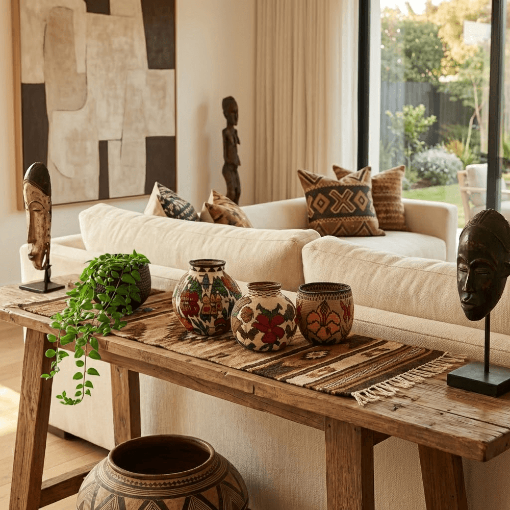 Floral flight open bowl basket displayed as boho decor in modern living room setting