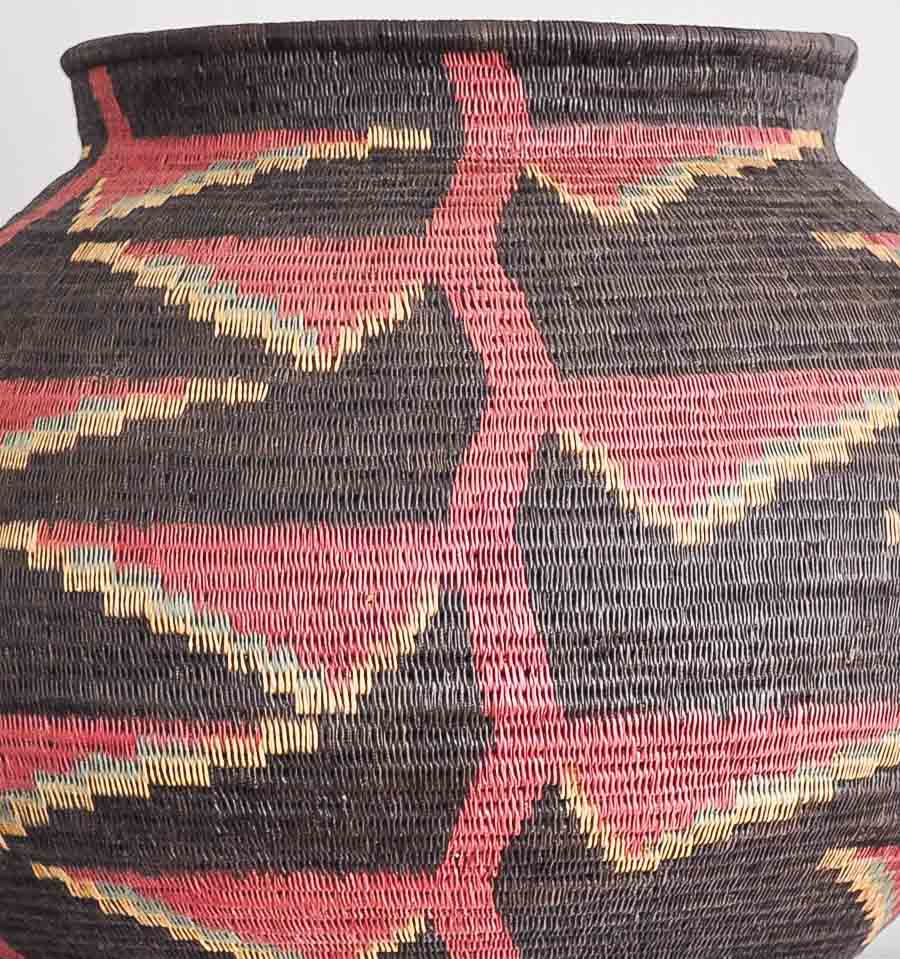 Close-up werregue palm fiber weaving showing intricate heliconia motif and traditional Wounaan coiling