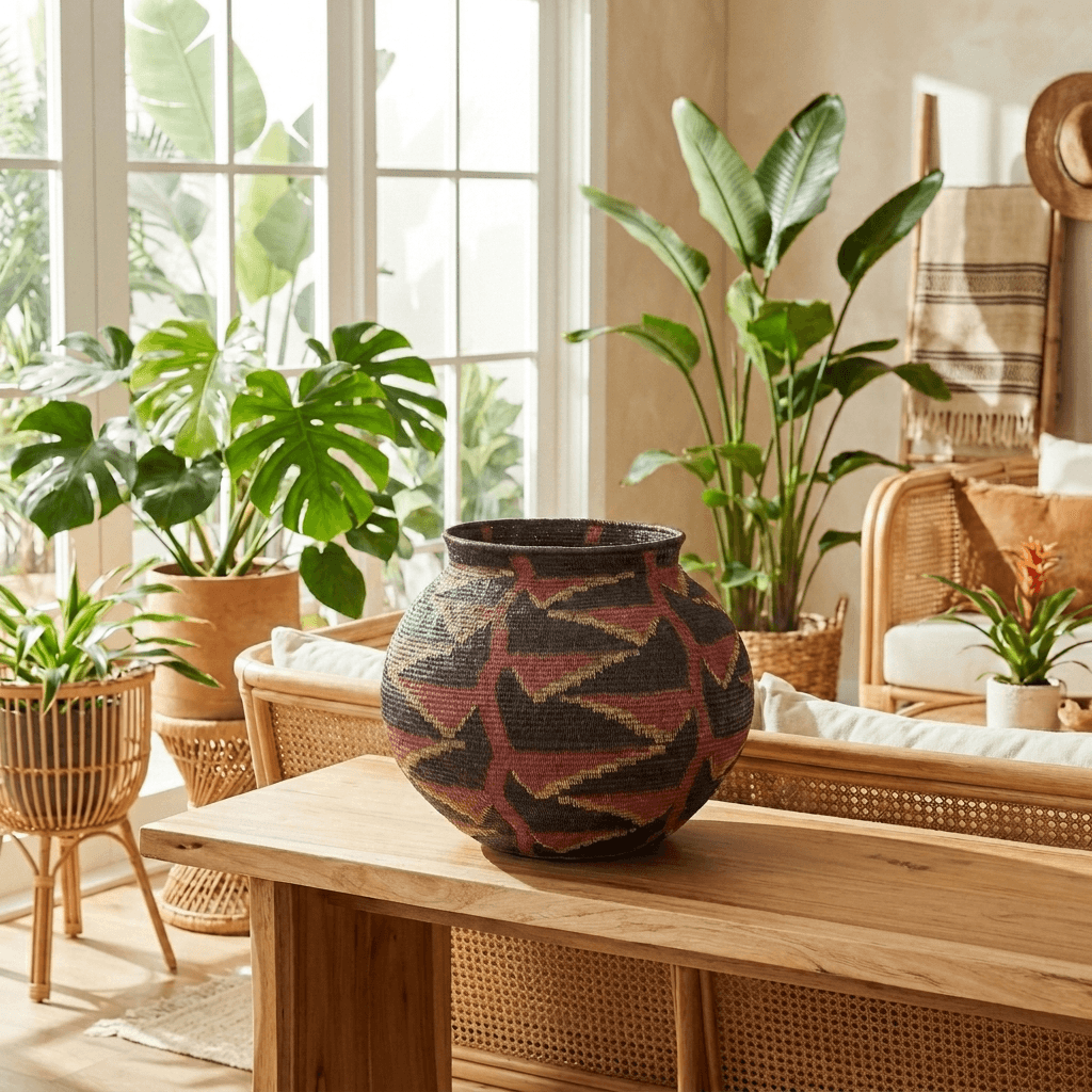 black woven basket with vibrant heliconia flower patterns displayed in modern tropical interior