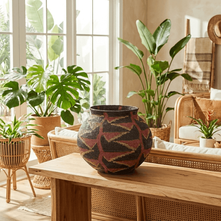 black woven basket with vibrant heliconia flower patterns displayed in modern tropical interior