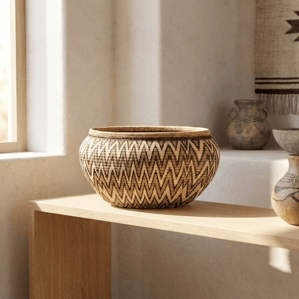 Grey chevron pattern oval basket displayed in modern off-white tribal room setting