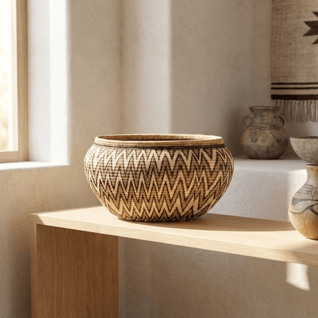 Grey chevron pattern oval basket displayed in modern off-white tribal room setting