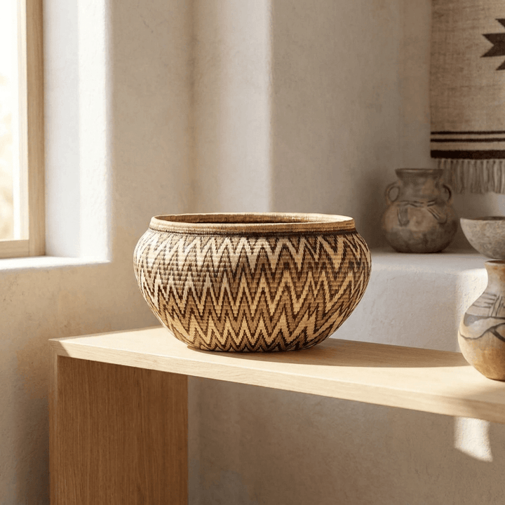 Grey chevron pattern oval basket displayed in modern off-white tribal room setting