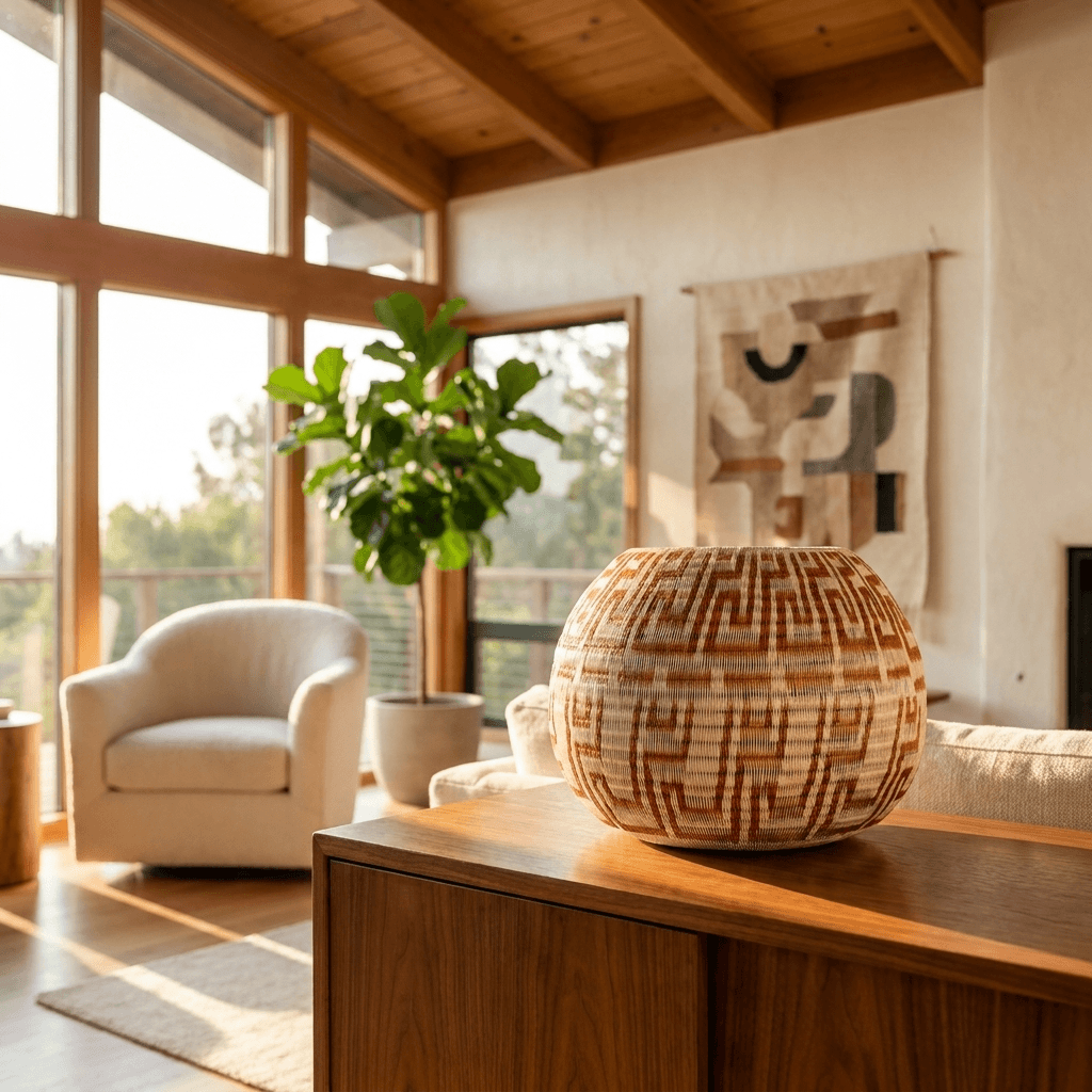 Handmade copper keys basket displayed as table decor in modern living room interior
