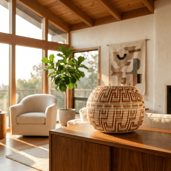 Handmade copper keys basket displayed as table decor in modern living room interior
