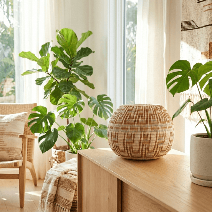 Handmade copper keys basket displayed as table decor in modern tropical living room interior