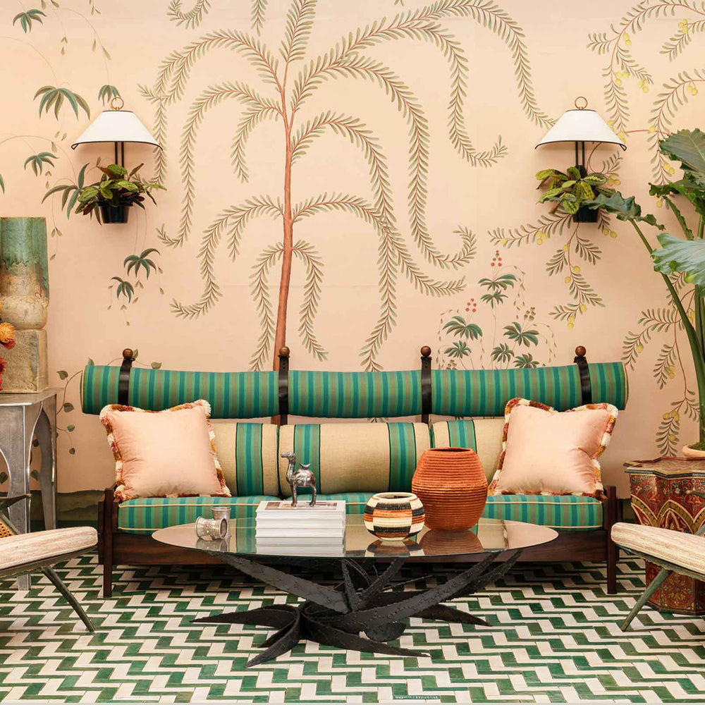 Tapered woven decorative basket displayed in modern boho living room as an art accent piece