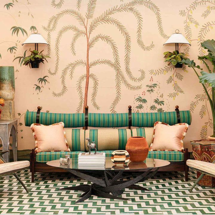 Tapered woven decorative basket displayed in modern boho living room as an art accent piece