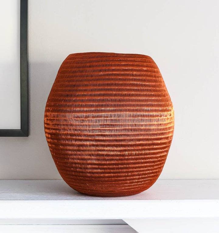 Tapered Full Copper Vessel – geometric motif – woven basket – baskets – handwoven in Colombia