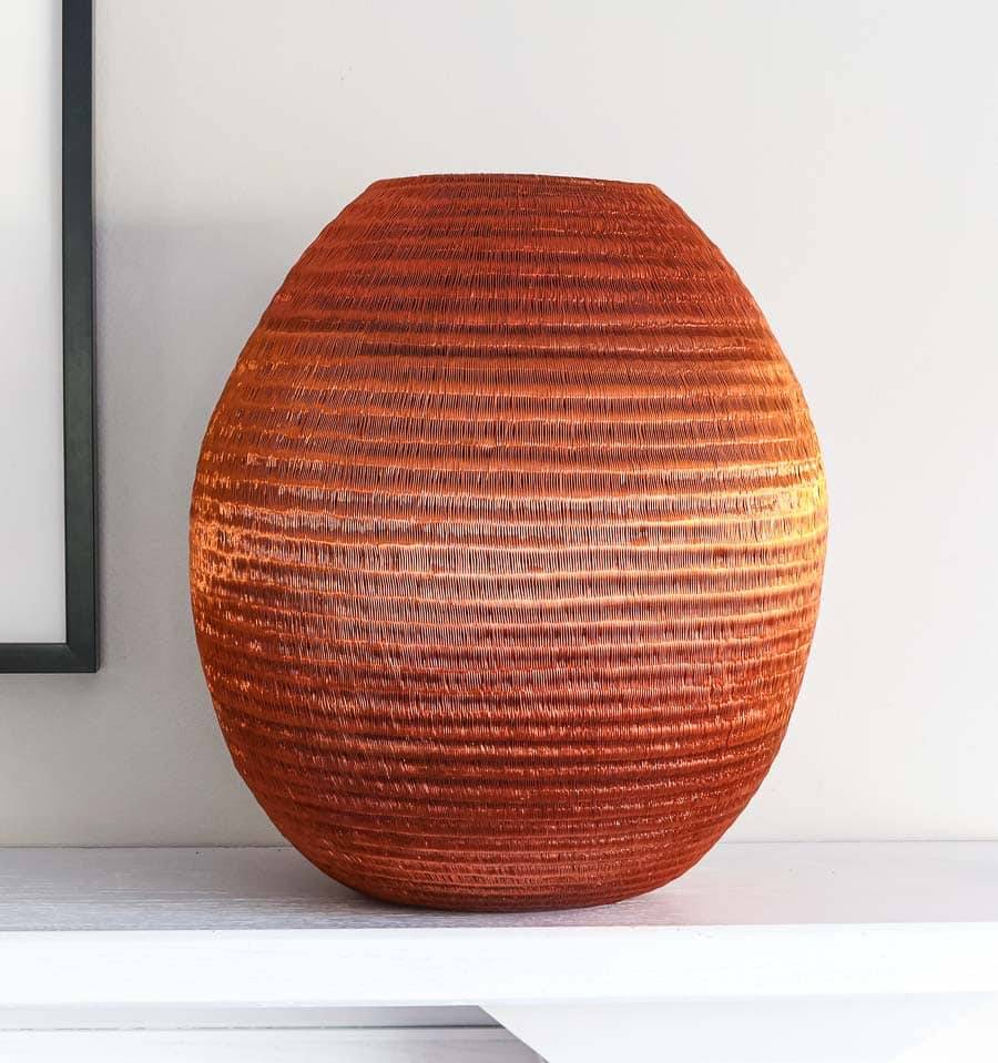 Large Copper Vessel – geometric motif – woven basket – baskets – handwoven in Colombia