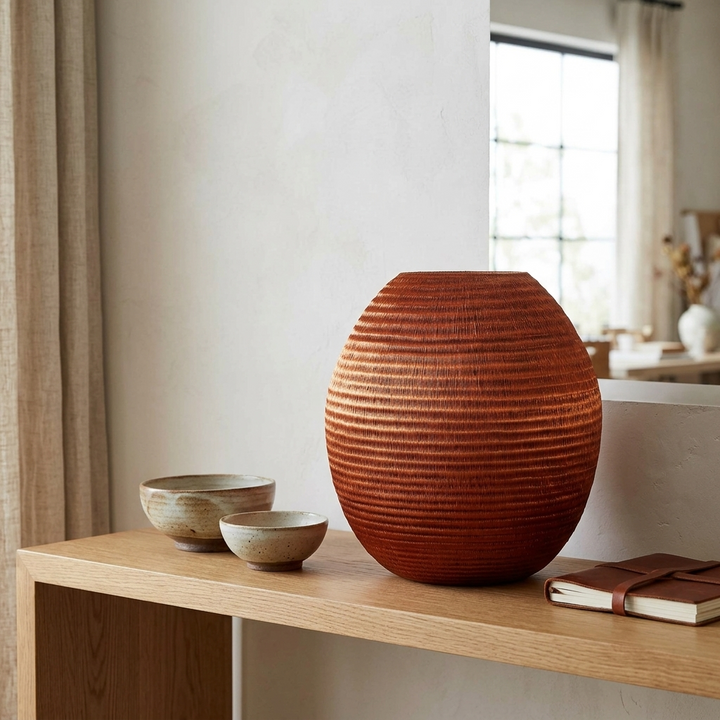 Large Copper Vessel Basket - Handwoven Decorative Art