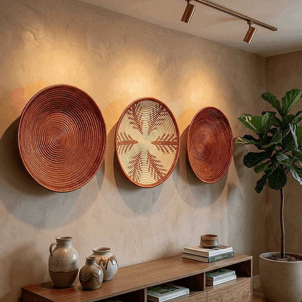 Decorative woven copper plate displayed on modern wall as sculptural indigenous art piece