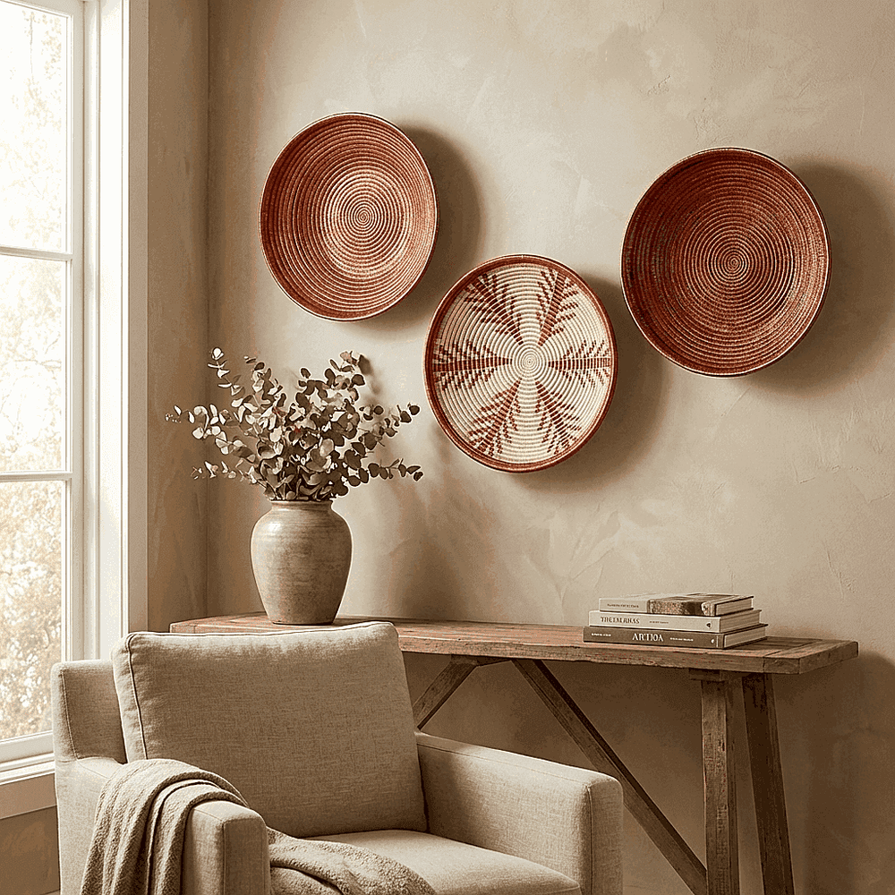 Large copper woven plate displayed as sculptural wall art in modern interior space