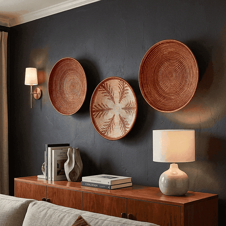 Decorative woven copper plate displayed on modern wall as sculptural indigenous art piece