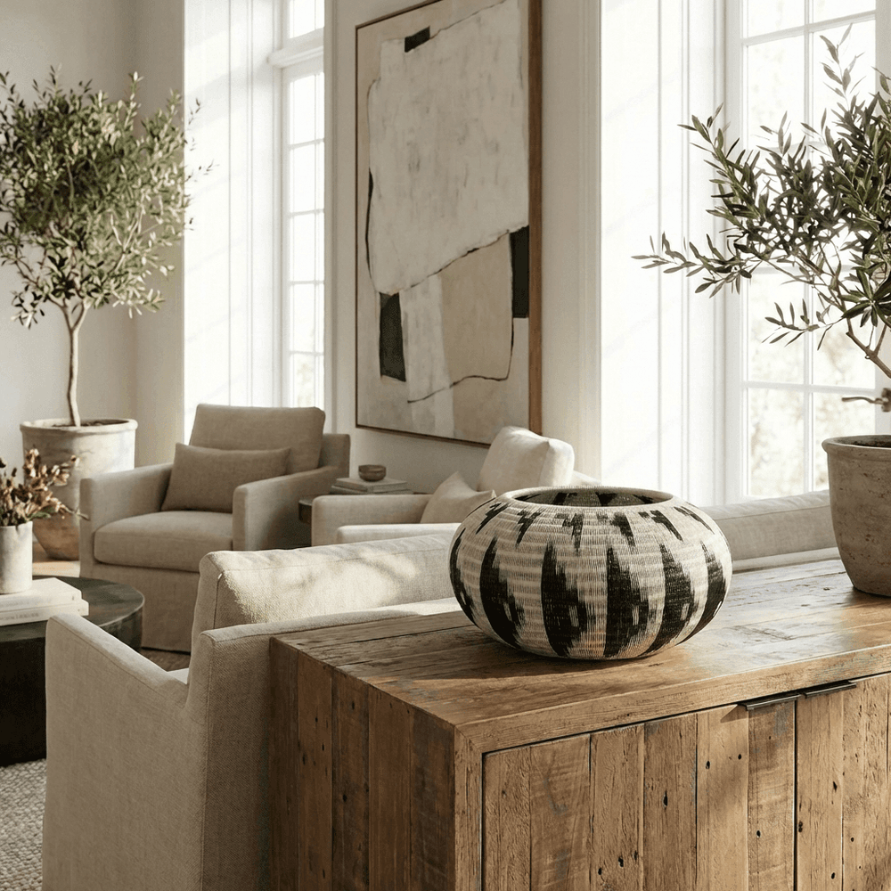 Black darts Wounaan basket displayed as table decor in modern contemporary interior setting