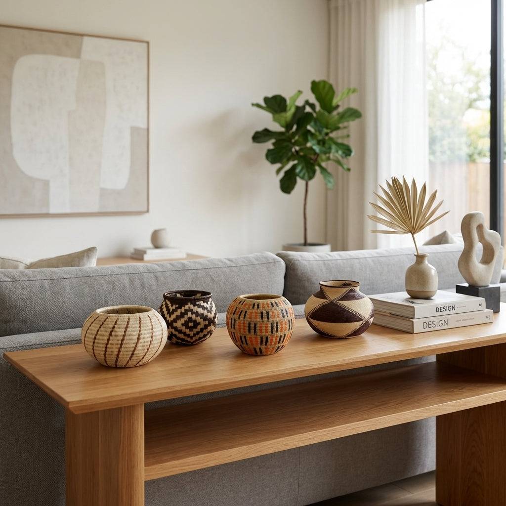 Copper caracol decorative woven basket displayed as table decor in modern interior setting