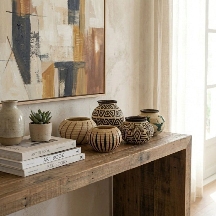 Handmade hummingbird mini basket displayed on modern shelf with other mini baskets as decor accent piece